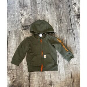 Carhartt Infant Boys Olive Green Orange Zip Up Hoodie Sweatshirt 12M Logo Sleeve